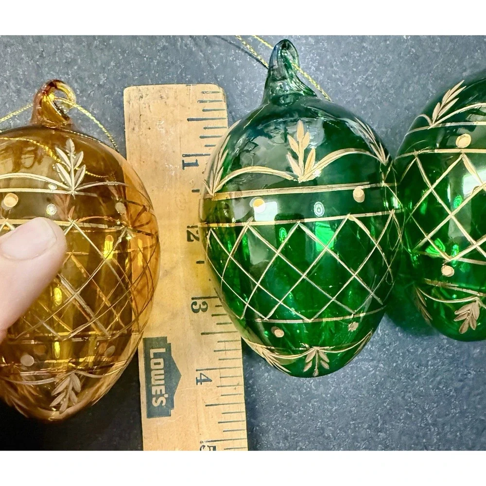 Vintage Hand Painted Blown Glass Christmas Ornaments Gold Lattice Lot of 3 Mint